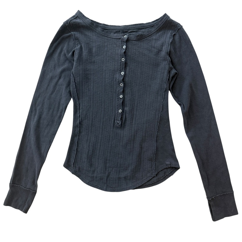 Free People We The Free Thermal Henley Top Raw Seam XS Black Thumb Holes Grey